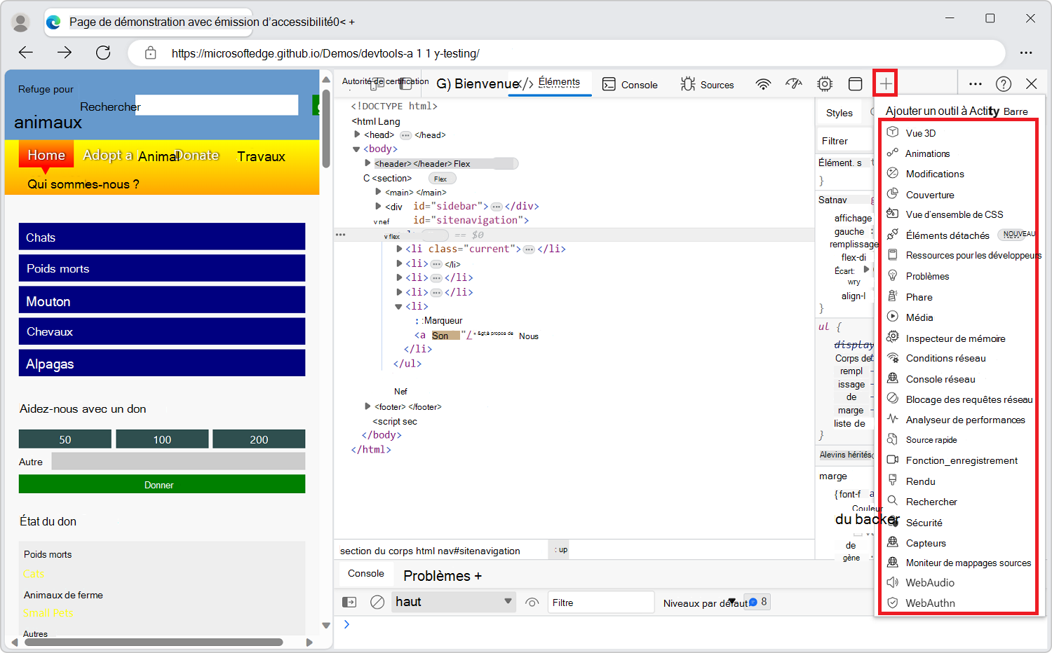 Menu Plus d’outils dans la barre d’activités, avec la liste développée de tous les outils