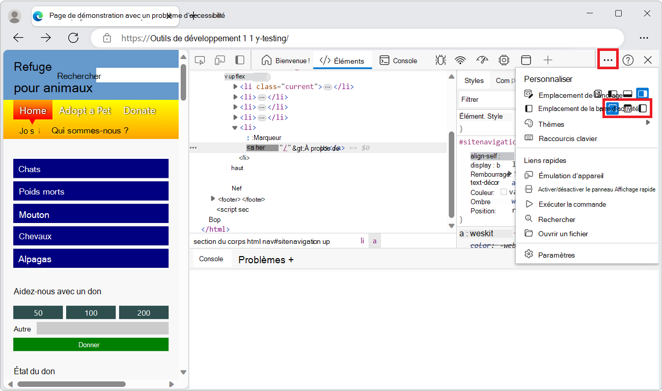 Le menu « Personnaliser et contrôler DevTools » de DevTools, montrant les différentes options d’emplacement de la barre d’activité