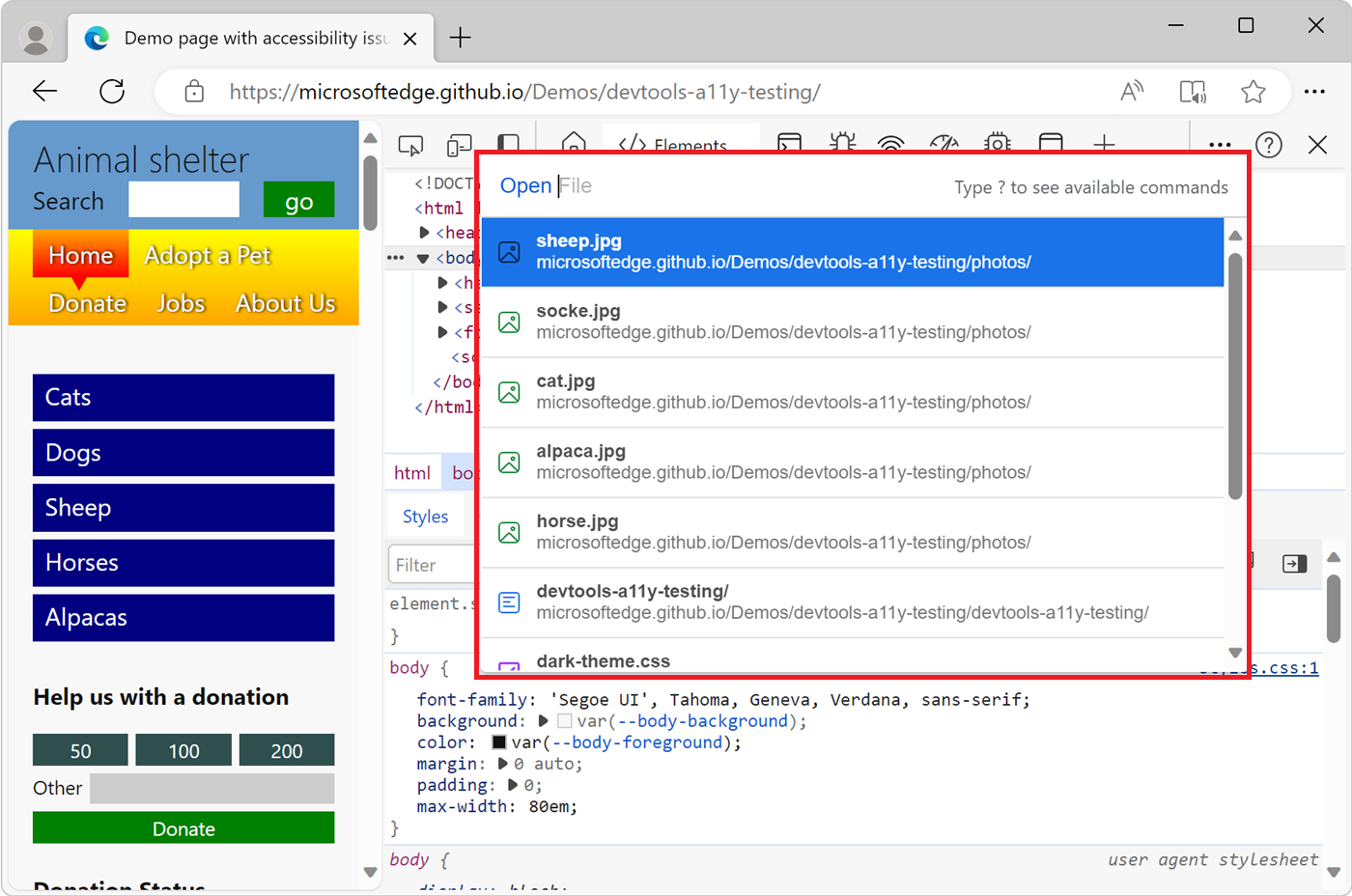 Menu Commandes, affichant la liste Ouvrir un fichier