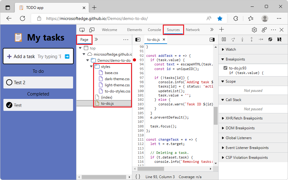 Pour effectuer une démonstration et DevTools avec l’outil Sources sélectionné