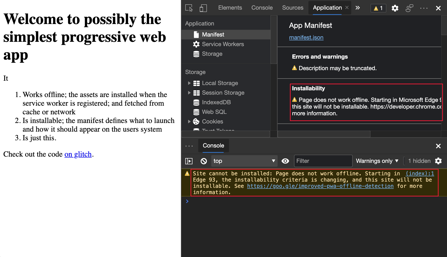 Avertissement d’installation PWA dans l’outil Console