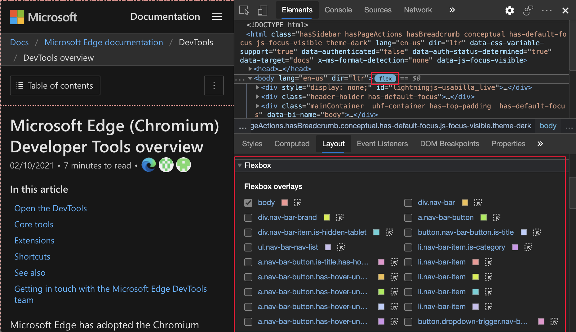 Section Flexbox dans le volet Disposition