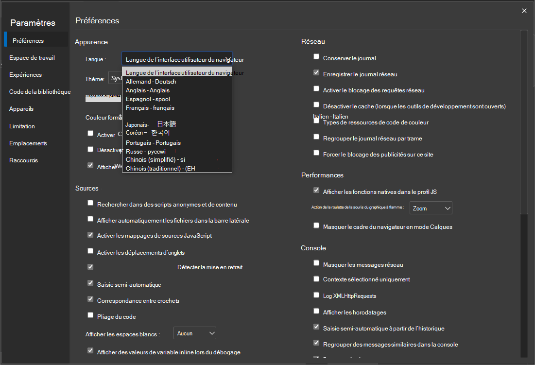 Modification de la langue d’affichage DevTools directement à partir de la page Paramètres DevTools