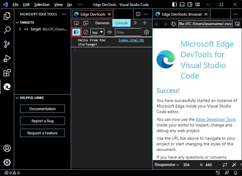 Pointage sur le bouton Afficher la barre latérale de la console en mode contraste élevé dans l’extension VS Code