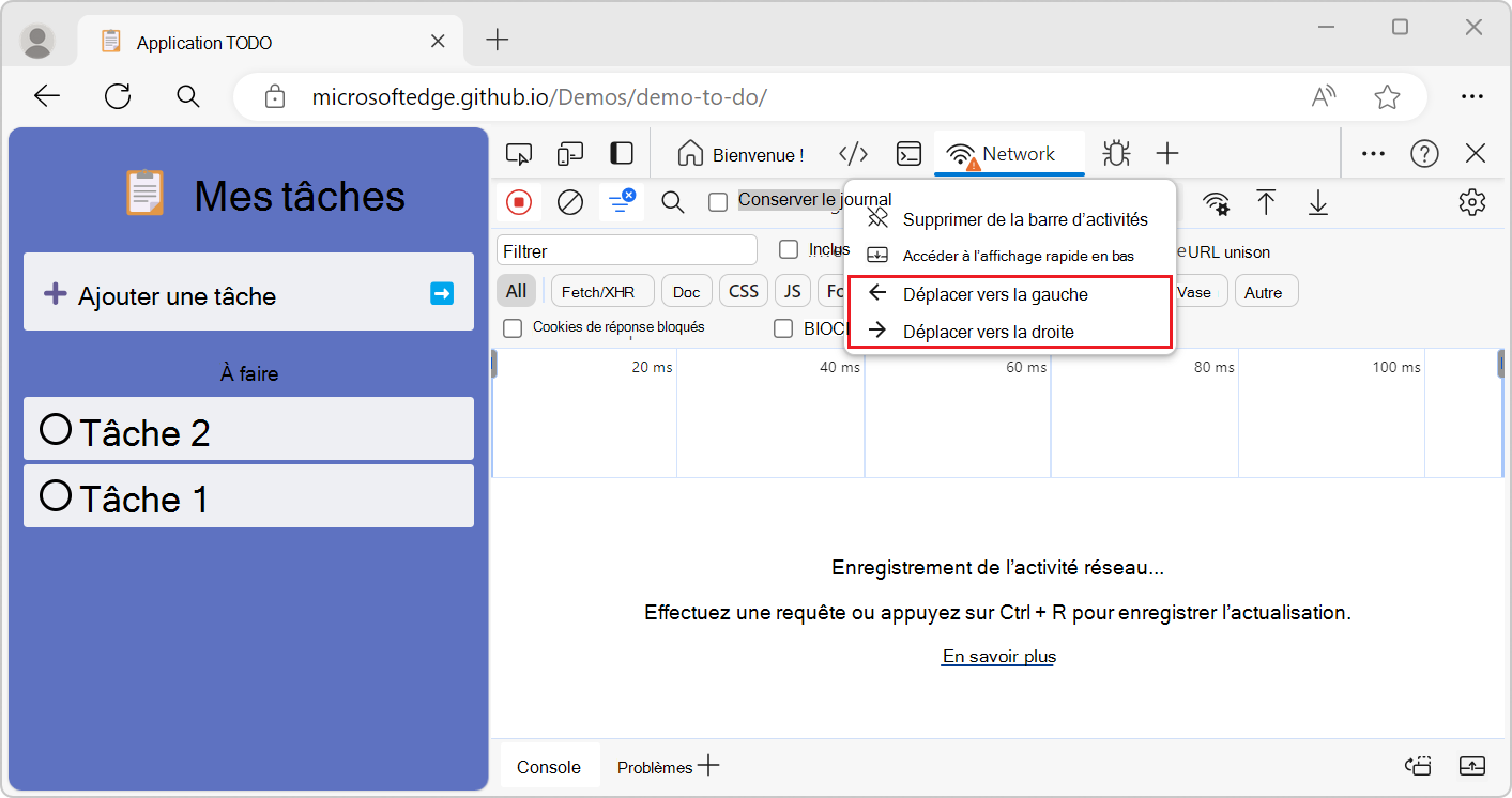 Menu contextuel en cliquant avec le bouton droit sur l’onglet d’un outil dans la barre d’activité