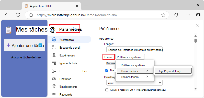 Menu Thème dans les préférences DevTools