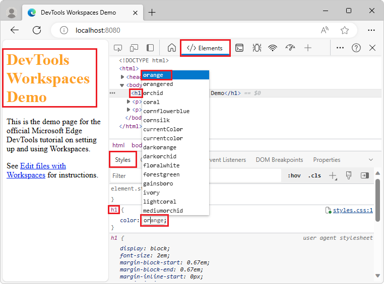 Modification de la propriété color dans styles.css