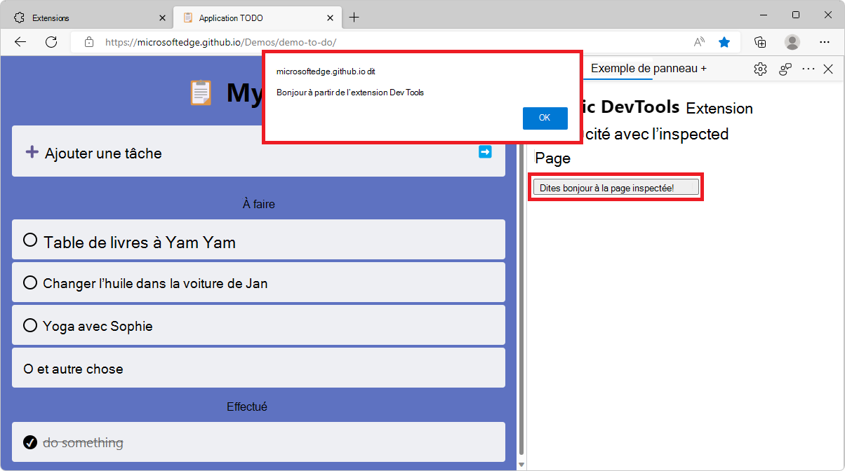 Microsoft Edge, montrant le nouveau panneau d’extension dans DevTools sur le côté et une fenêtre de boîte de dialogue d’alerte