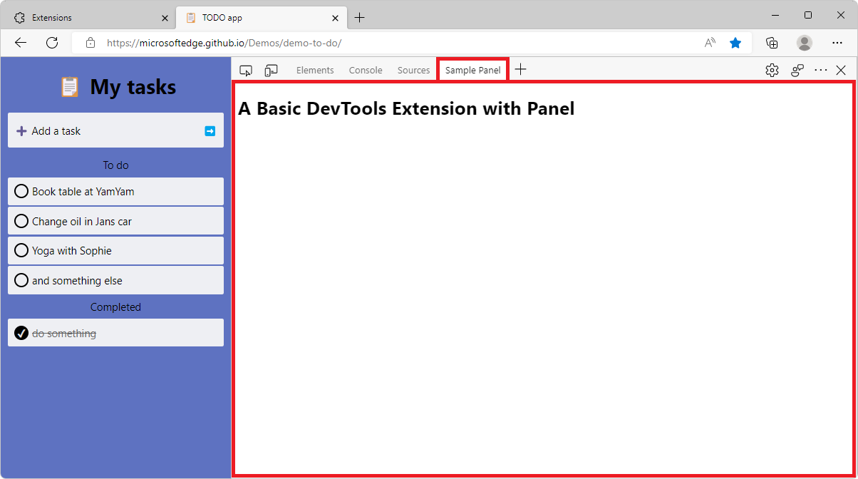 Nouvel onglet et panneau d’outils dans DevTools