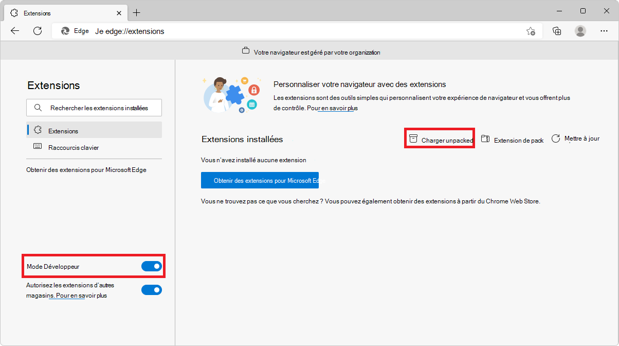 Page edge://extensions dans Microsoft Edge, montrant le mode développeur et charger les boutons décompressés