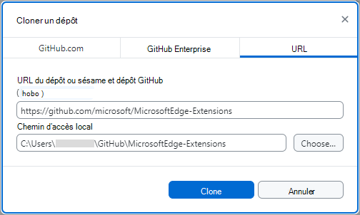 Boîte de dialogue « Cloner un dépôt » dans GitHub Desktop