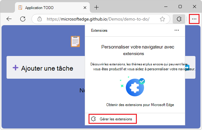 Fenêtre contextuelle Extensions quand aucune extension n’est installée