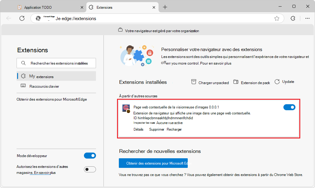 Page Extensions installées, montrant une extension chargée de manière indépendante