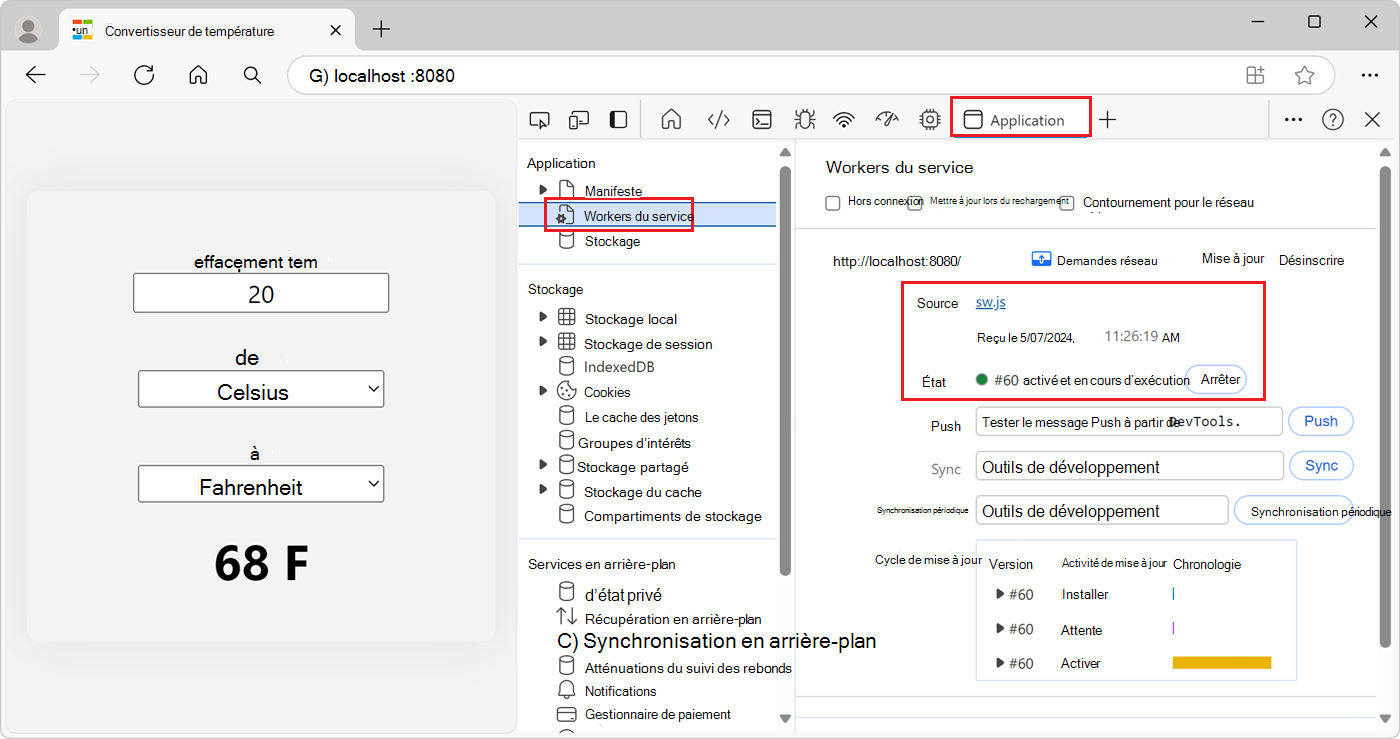 L’outil Application DevTools, montrant le panneau Workers du service, avec le nouveau sw.js worker en cours d’exécution