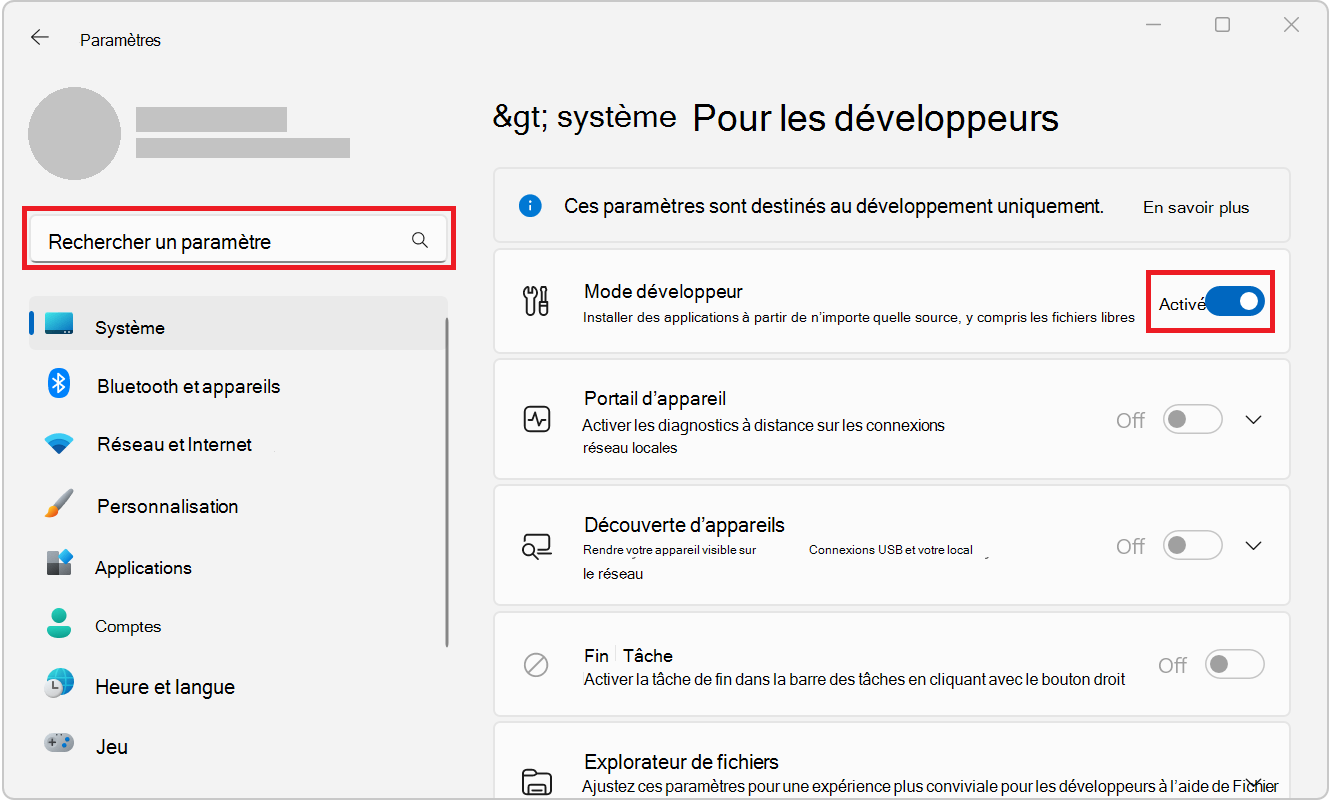 Paramètres développeur de Windows 11