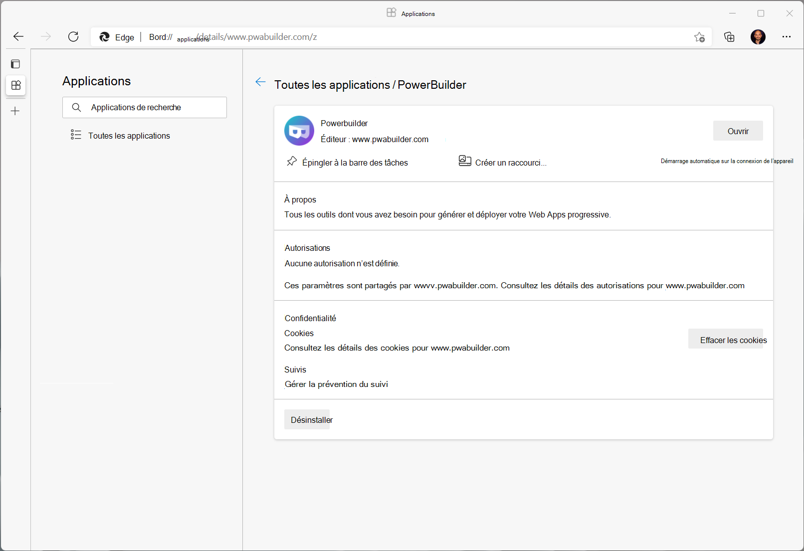 Page des détails de l’application dans Microsoft Edge
