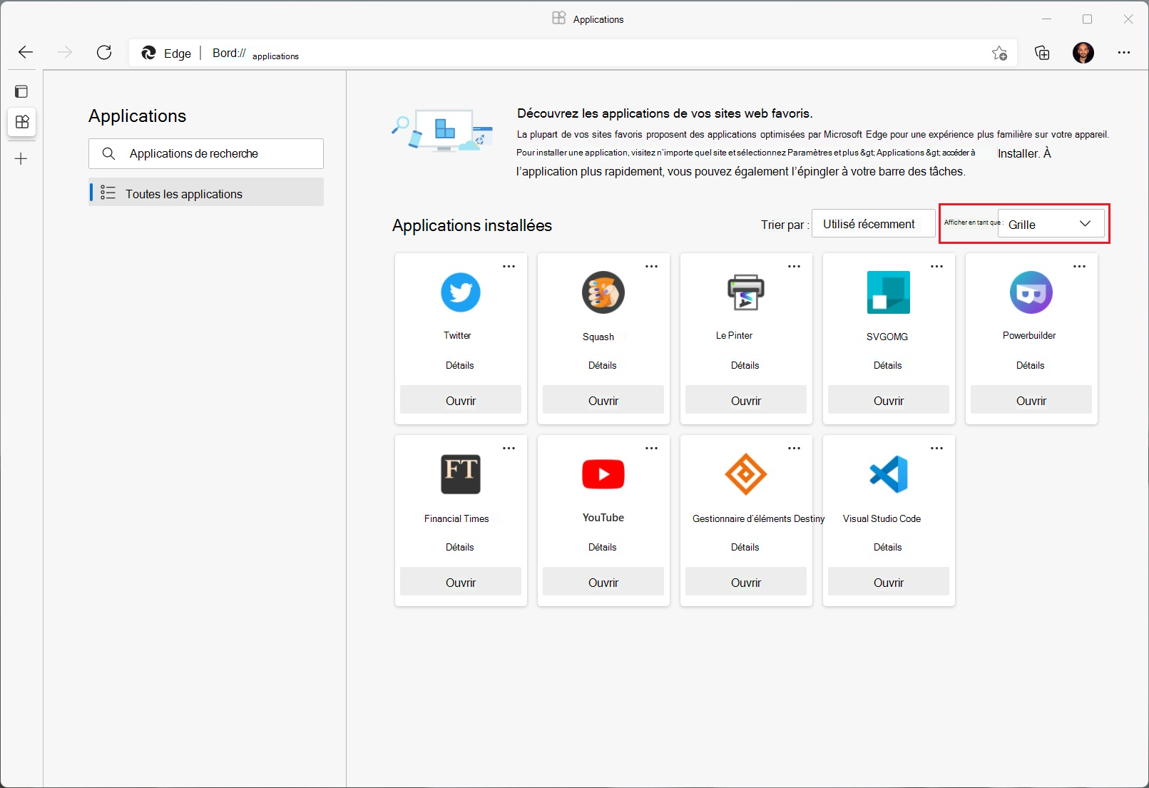 Nouvelle page de gestion des applications dans Microsoft Edge