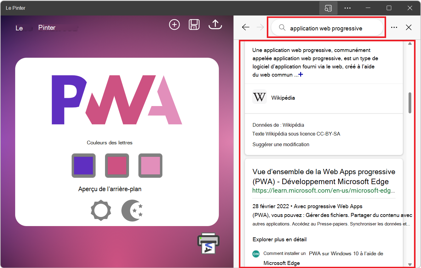 La recherche dans la barre latérale, ouverte sur le côté d’un PWA, avec des résultats de recherche affichés