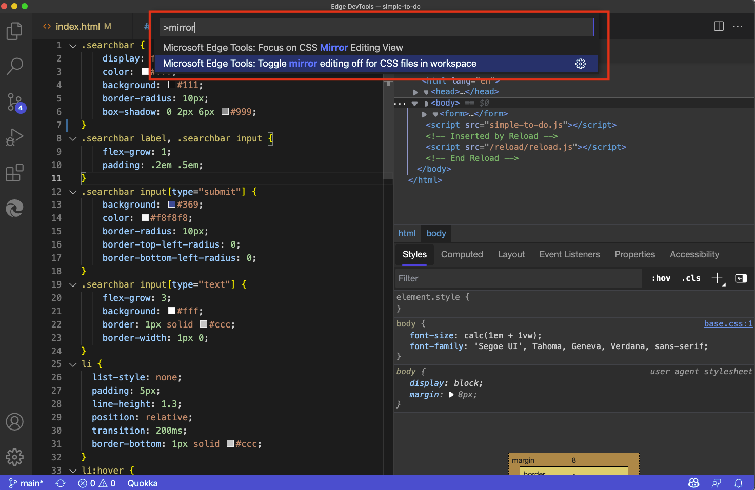 Utilisation du menu Commandes pour activer ou désactiver l’édition du miroir CSS et activer ou désactiver l’édition css miroir