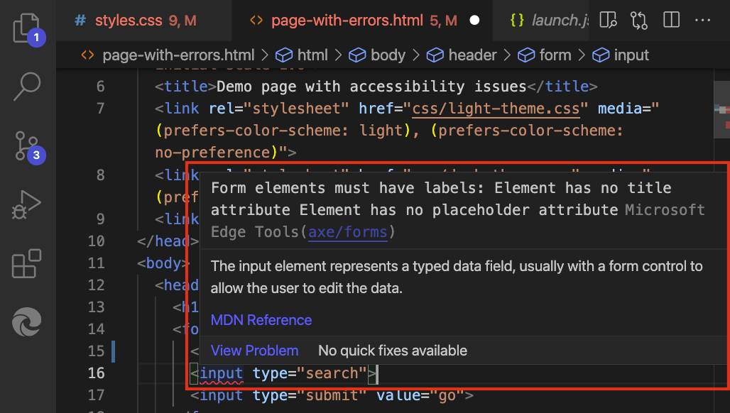 Un problème d’accessibilité signalé dans un morceau de code montrant comment résoudre le problème et où trouver plus d’informations