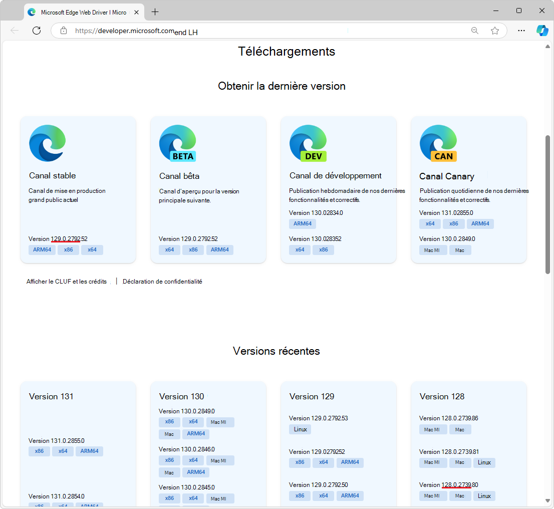 La section Obtenir la dernière version de la page web Microsoft Edge WebDriver