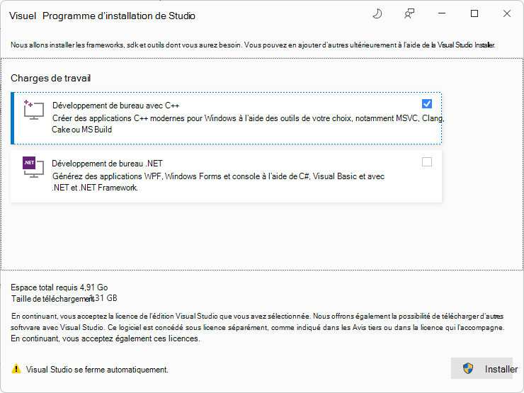 Visual Studio Installer’invite à installer la charge de travail « Développement de bureau avec C++ »