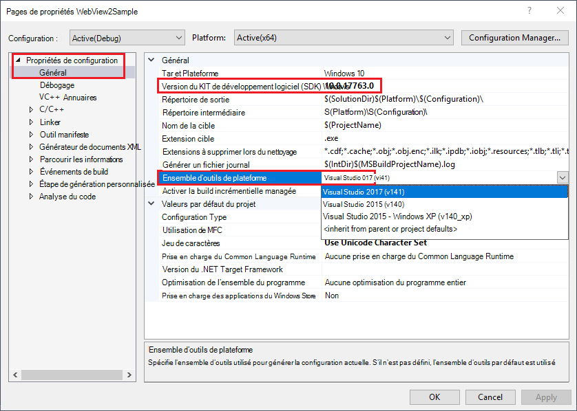 Dans Visual Studio 2017, définissez SDK Windows Version sur 10 et Platform Toolset sur Visual Studio