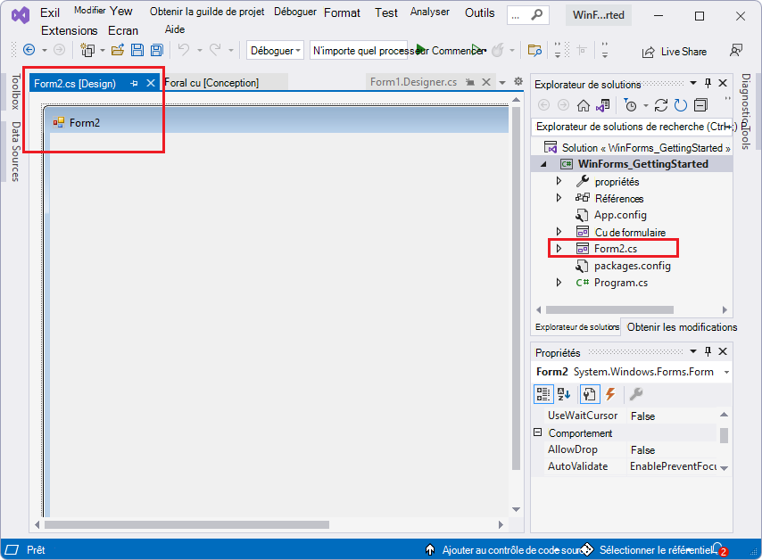 Le formulaire ajouté, Form2.cs, dans l’Designer Formulaire et dans Explorateur de solutions