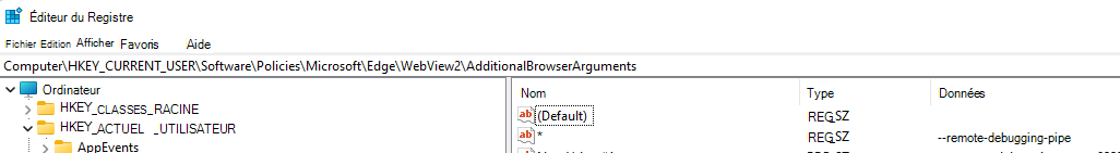 Définition de la clé de Registre AdditionalBrowserArguments sur --remote-debugging-pipe