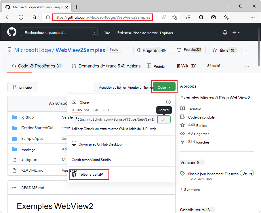 Téléchargement du référentiel WebView2Samples
