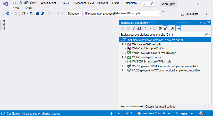 Explorateur de solutions pour le référentiel WebView2Samples, montrant les exemples WebView2 en tant que projets