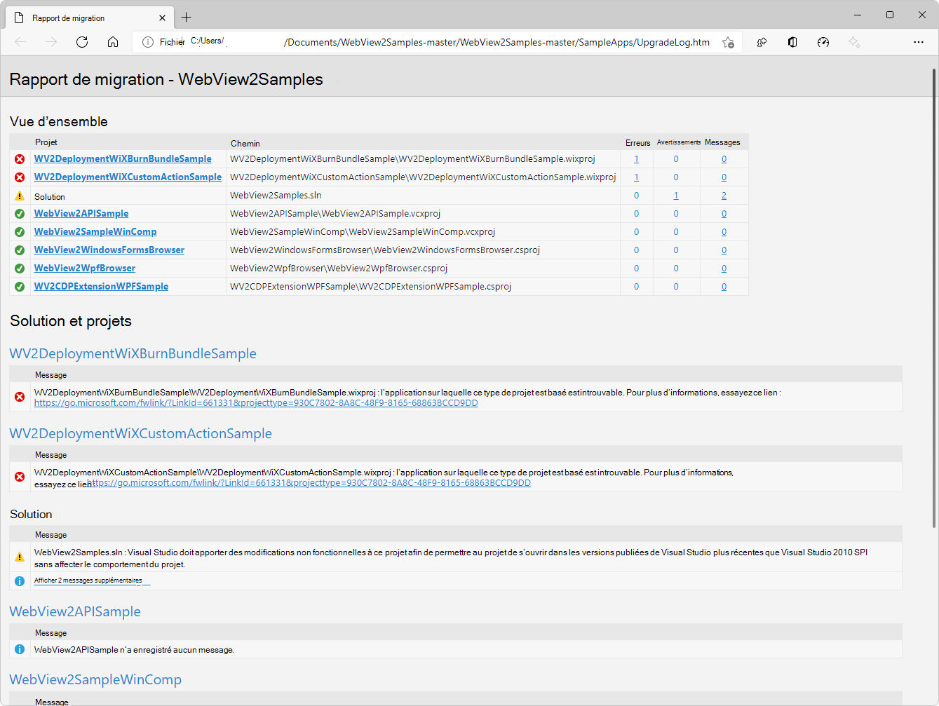 Rapport de migration du programme d’installation de charge de travail Visual Studio 2022 pour l’exemple d’API multiplateforme et complète