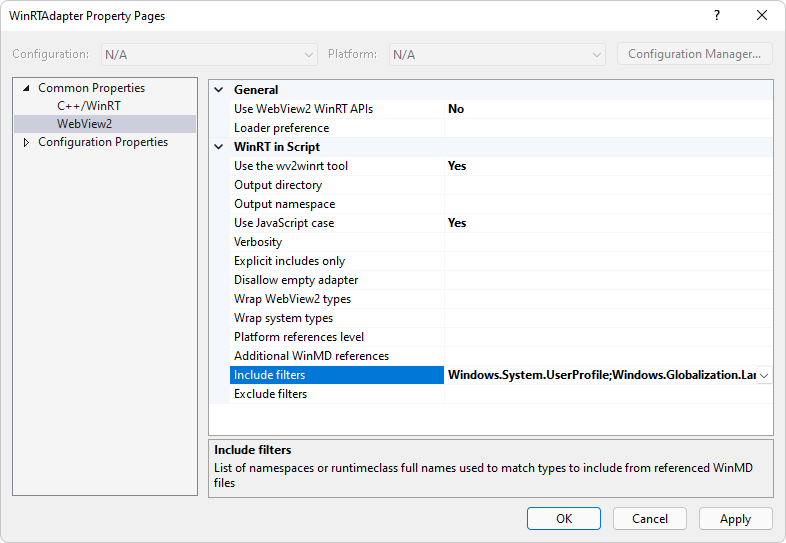 Boîte de dialogue « Pages de propriétés WinRTAdapter », avec « Common Properties > WebView2 » développée