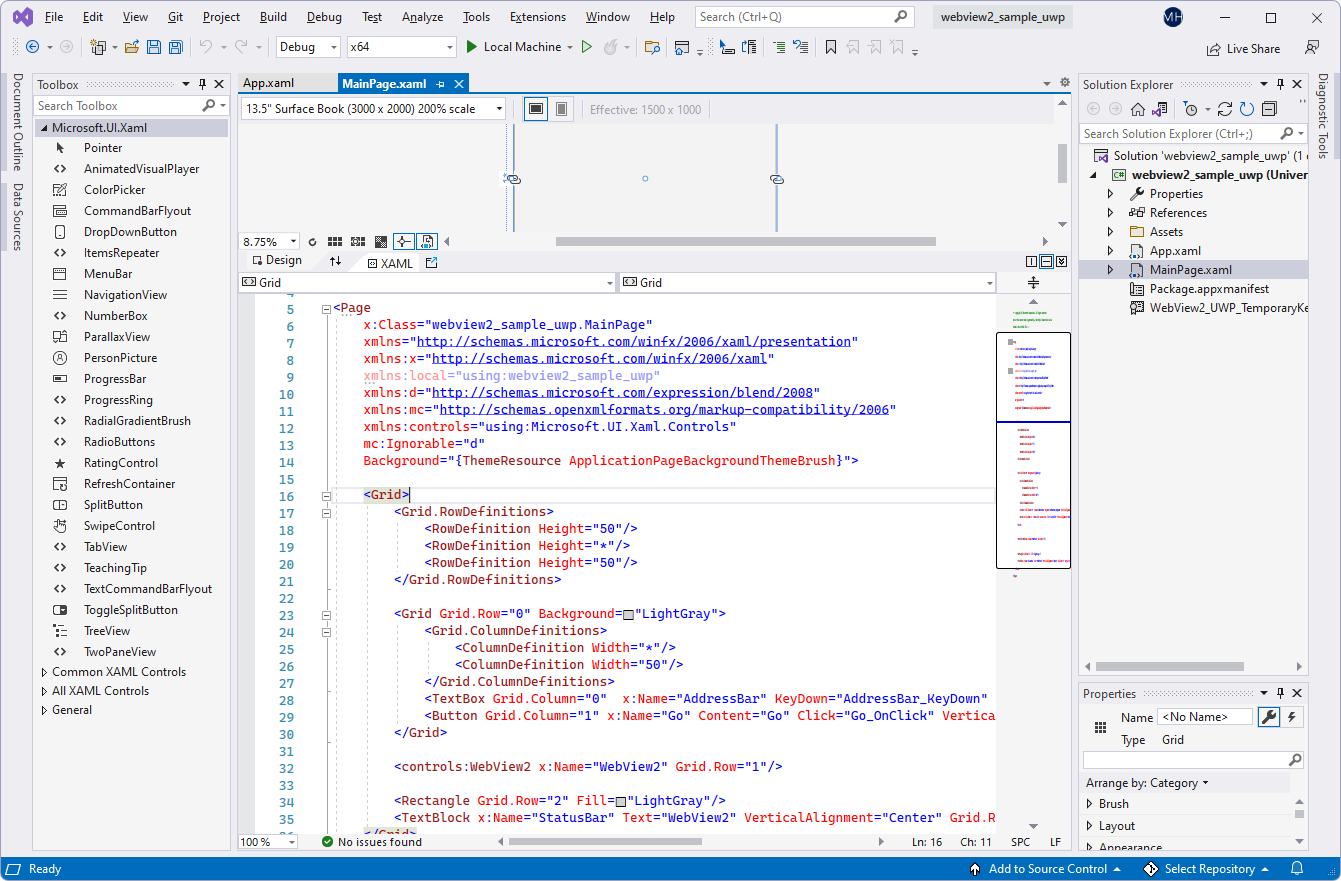 MainPage.xaml dans Visual Studio