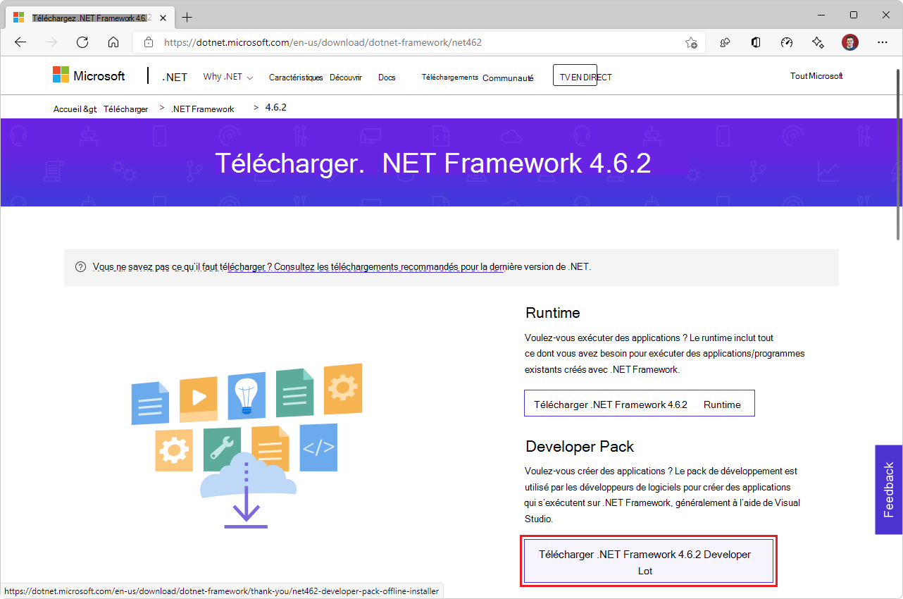 Téléchargement du pack de développement .NET Framework 4.6.2