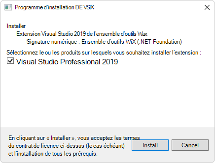 Extension VSIX Installer pour WiX Visual Studio 2019