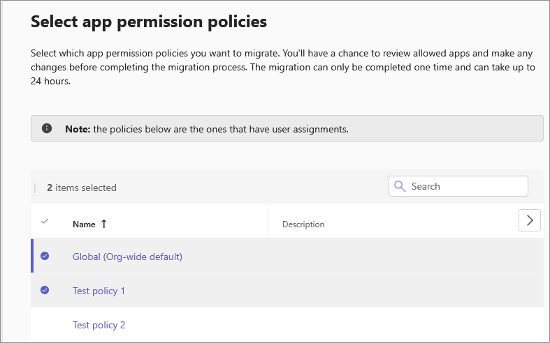 Capture d’écran montrant l’interface utilisateur de migration de gestion centrée sur l’application pour sélectionner des stratégies.