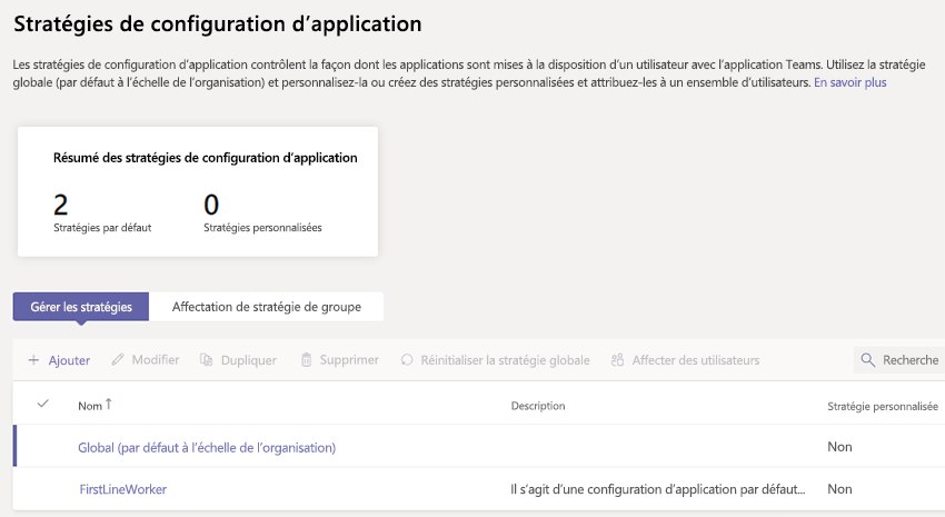 Capture d’écran de la stratégie de configuration de l’application.