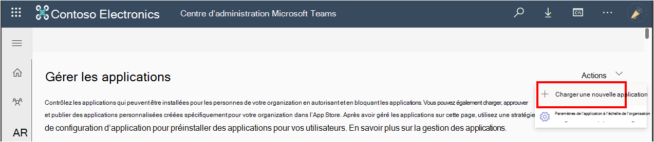 Capture d’écran montrant l’option permettant aux administrateurs de charger une application personnalisée à partir du Centre d’administration Teams.