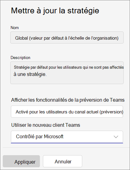 Capture d’écran du panneau de mise à jour de la stratégie dans le Centre d’administration Teams.