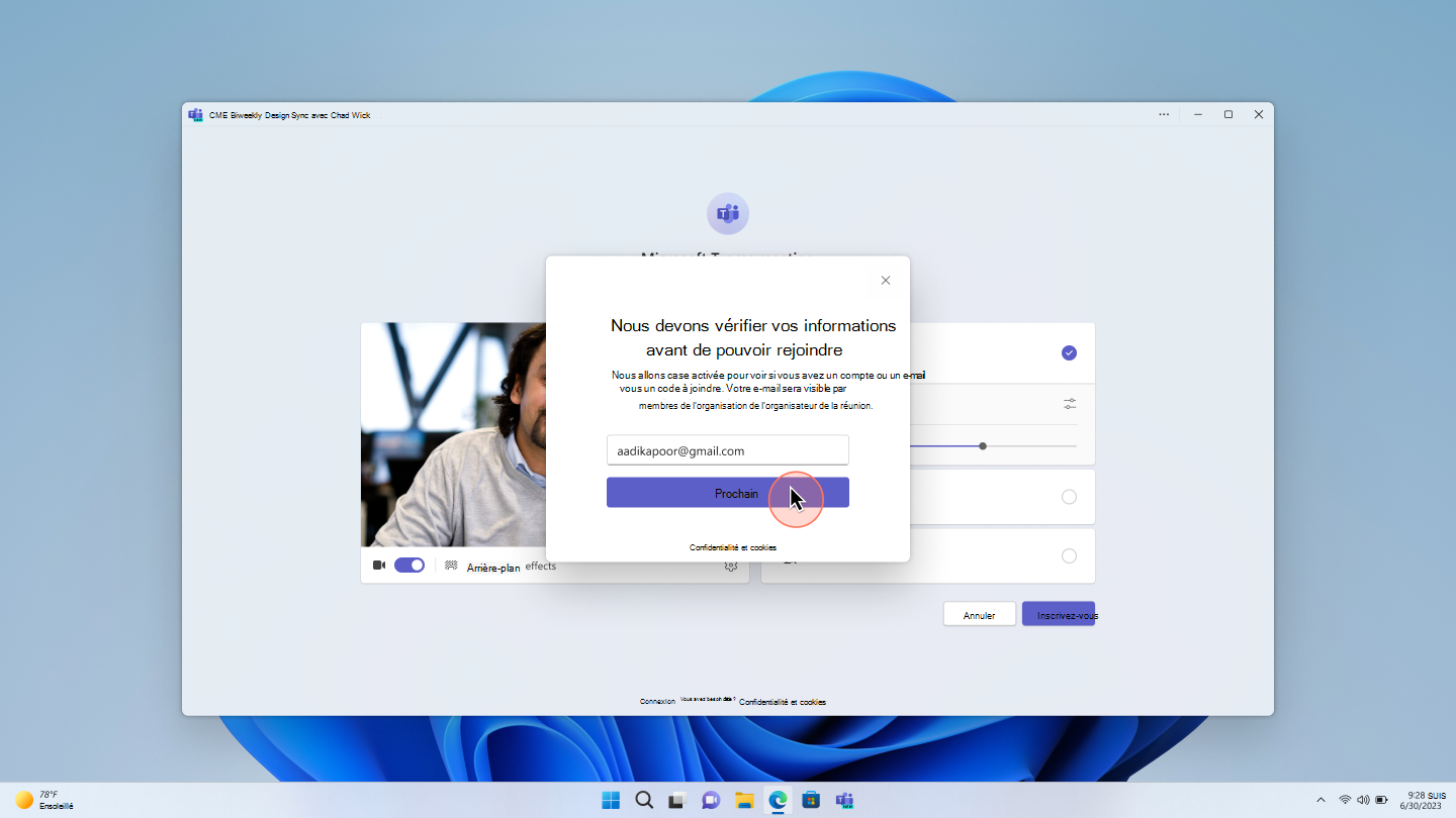 Capture d’écran d’un utilisateur anonyme entrant son e-mail sur l’écran de préjoination pour vérifier son identité pour rejoindre une réunion