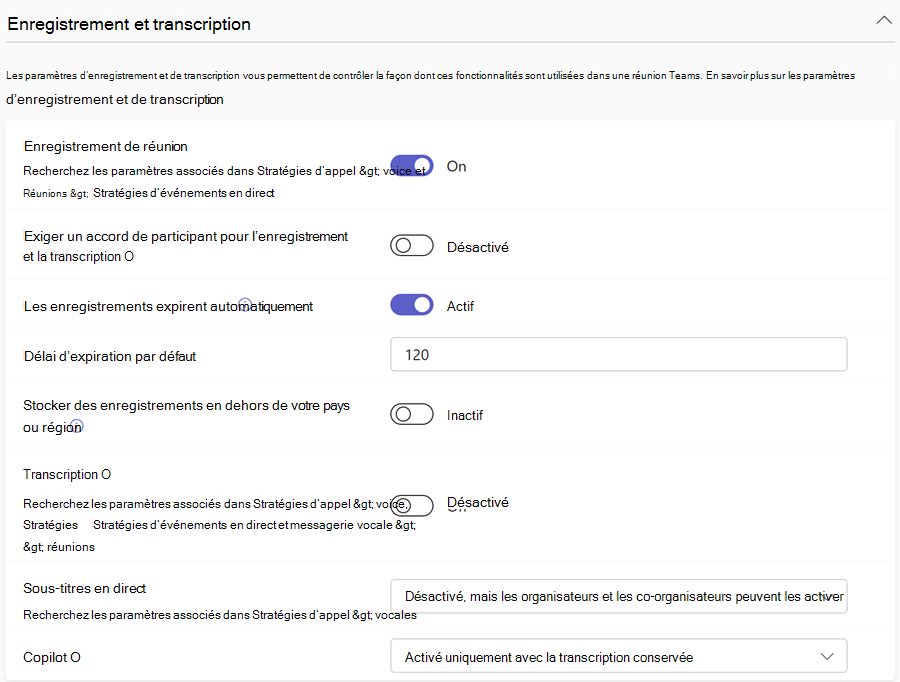 Capture d’écran de l’enregistrement des réunions Teams & stratégies de transcription dans le Centre d’administration Teams.