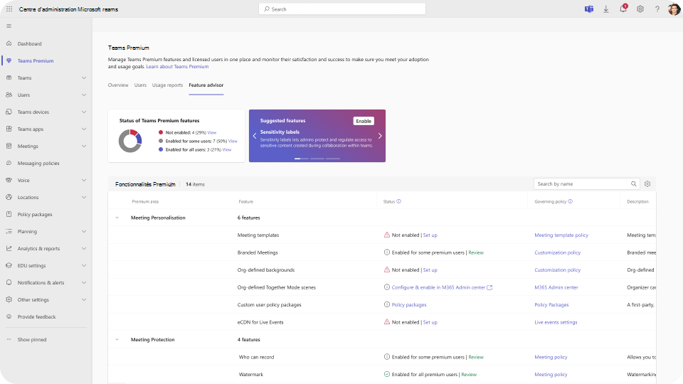 Capture d’écran de l’onglet Conseiller de fonctionnalités du tableau de bord Teams Premium.