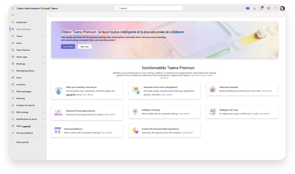 Capture d’écran du tableau de bord d’essai de découverte Teams Premium.