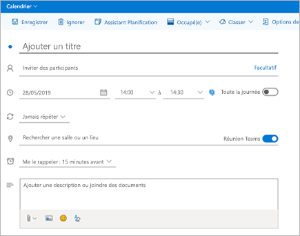 Capture d'écran du complément réunion Teams dans Outlook Web App.