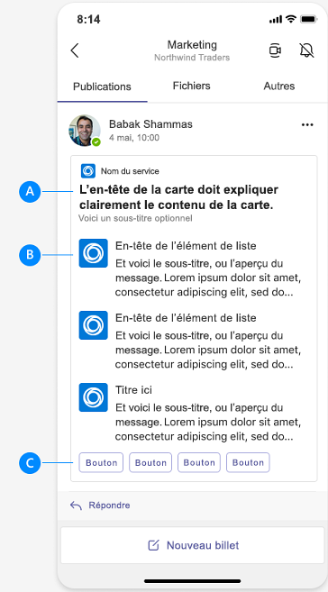 La capture d’écran montre l’anatomie de la carte adaptative sur mobile.