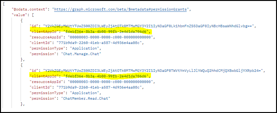 Capture d’écran montrant la réponse de l’Explorateur Graph à l’appel GET pour les autorisations RSC de conversation.