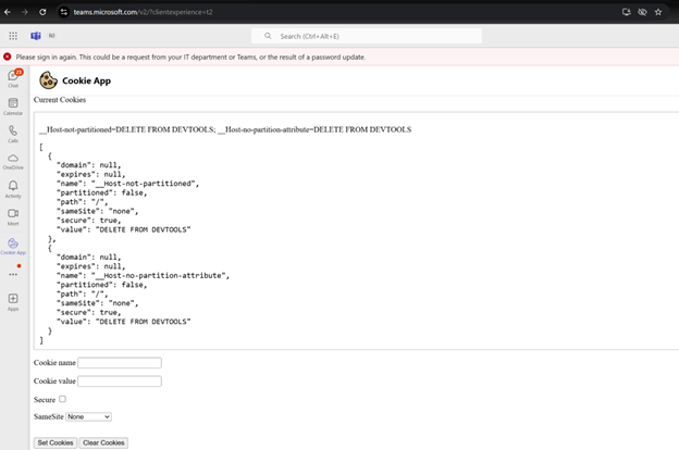 Capture d’écran montrant l’onglet cookies avec les cookies partitionnés sur false et sécurisés sur true sont disponibles