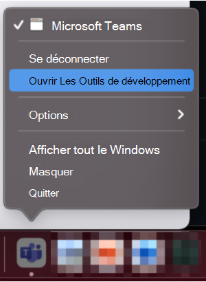 Capture d’écran montrant l’option permettant d’ouvrir Dev Tools à partir du dock macOS.