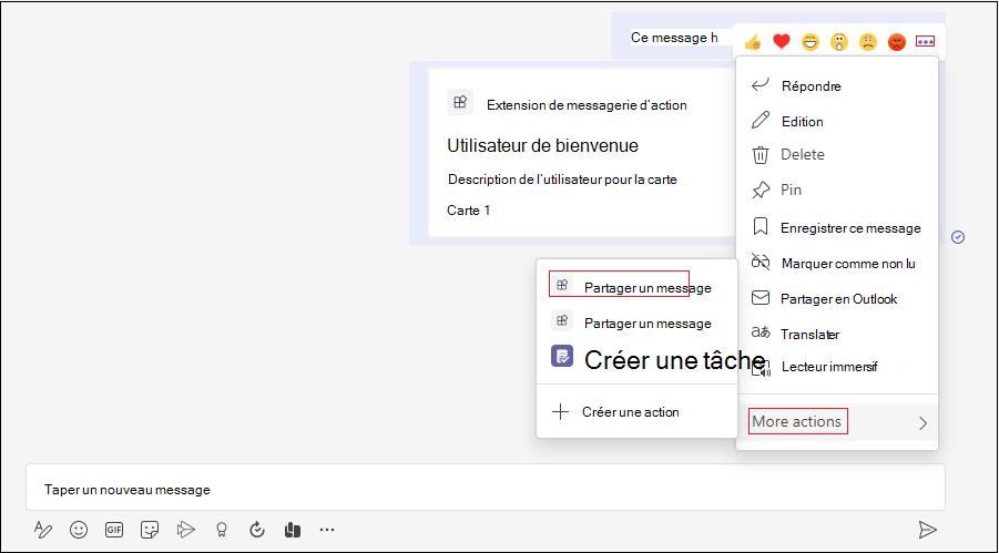 Capture d’écran montrant le menu de dépassement de message. Les actions Partager le message et Autres sont mises en surbrillance en rouge.